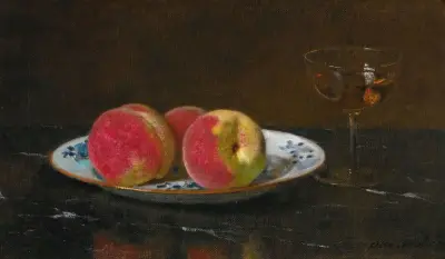 Stilleben mit Pfirsichen und Glas von Otto Scholderer