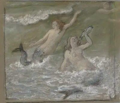 Drei Meerjungfrauen im Wasser von Otto Scholderer