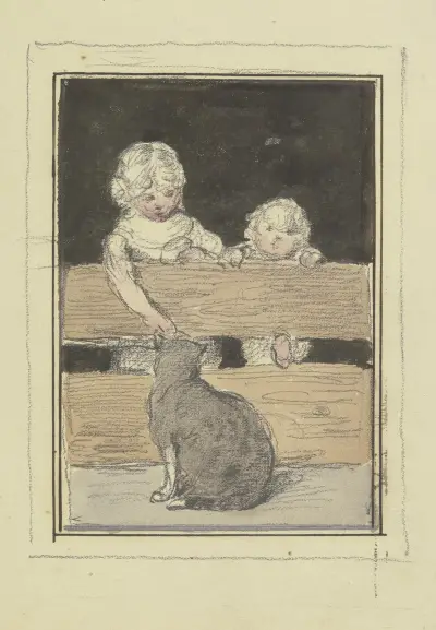 Zwei Kinder am Zaun mit einer Katze von Otto Scholderer