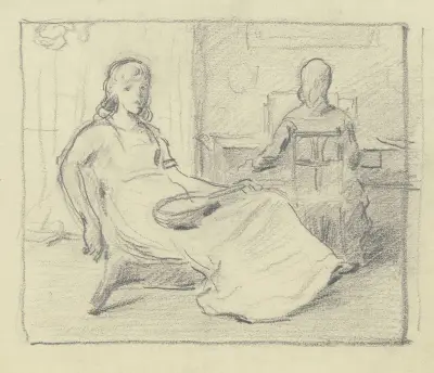 Zwei Mädchen mit Mandoline und am Klavier von Otto Scholderer