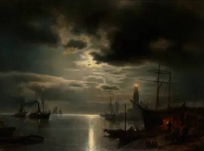 A Moonlit Harbor av Hermann Ottomar Herzog
