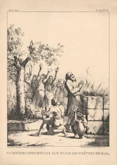 Sacrifices offerts par Elie et par les pretres de Baal av P. Bineteau