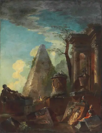 A Capriccio Of Classical Ruins With The Pyramid Of Cestius Beyond av Giovanni Paolo Panini