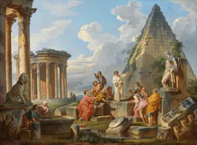 Ett capriccio med Sankt Paulus som predikar för romarna, med Vestas tempel och Caius Cestius pyramid av Giovanni Paolo Panini