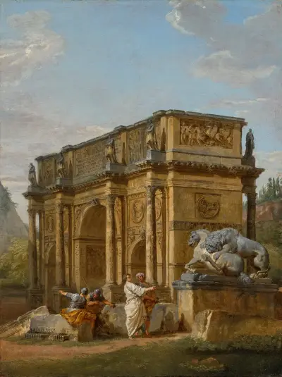 Ett capriccio med Konstantinbågen och lejongruppen från Kapitolium av Giovanni Paolo Panini