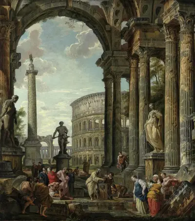 An architectural capriccio with the philosopher Diogenes and other figures av Giovanni Paolo Panini