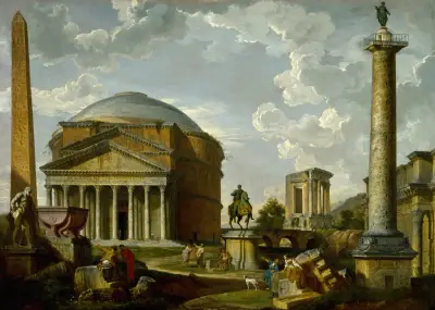 Fantasivy med Pantheon och andra monument från det antika Rom av Giovanni Paolo Panini