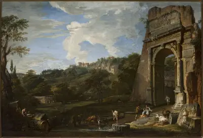 Landscape with the Arch of Titus av Giovanni Paolo Panini