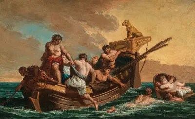Mariners rescuing a young boy adrift at sea in a basket av Giovanni Paolo Panini
