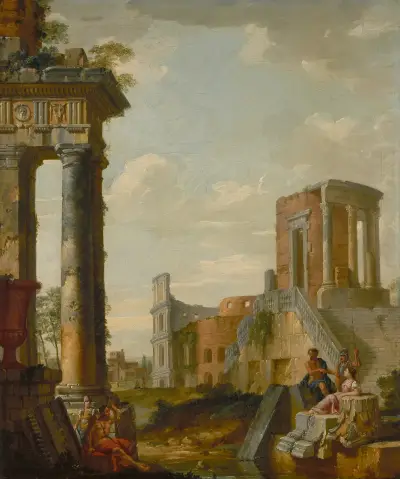 Roman ruins with characters. – nr 1 av Giovanni Paolo Panini