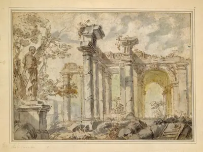 Ruins, with a Statue on the Left av Giovanni Paolo Panini