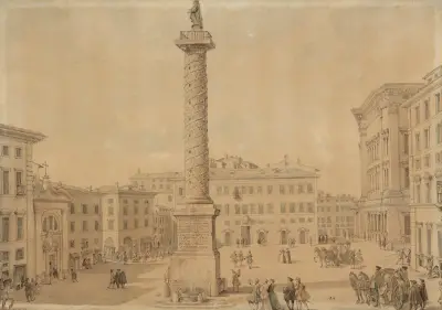Vy över Piazza Colonna med Marcus Aurelius kolonn, Rom av Giovanni Paolo Panini