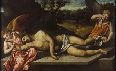 Dead Christ mourned by angels av Paris Bordone