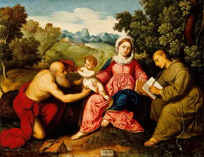 Madonna and Child with Saints Jerome and Francis av Paris Bordone