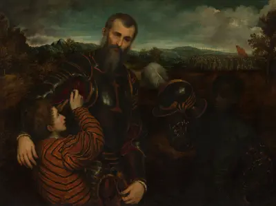 Portrait of a Man in Armor with Two Pages av Paris Bordone