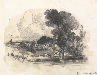 Träd och en stuga vid en flod av Richard Parkes Bonington