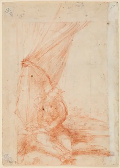 Sitzende Gestalt, die einen Vorhang beiseite schiebt av Parmigianino