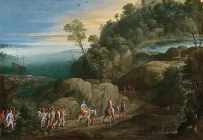 An Extensive Landscape With Scenes From The Historiae Aethiopica av Paul Bril