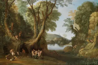 Fauns in a wooded landscape av Paul Bril