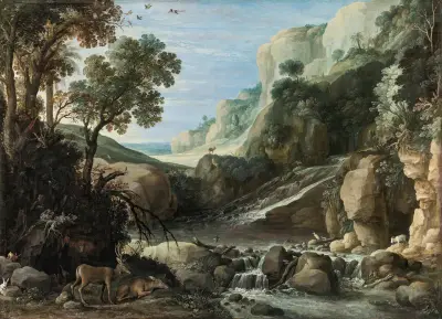 Mountainous Landscape With Wildlife Around A Cascade av Paul Bril