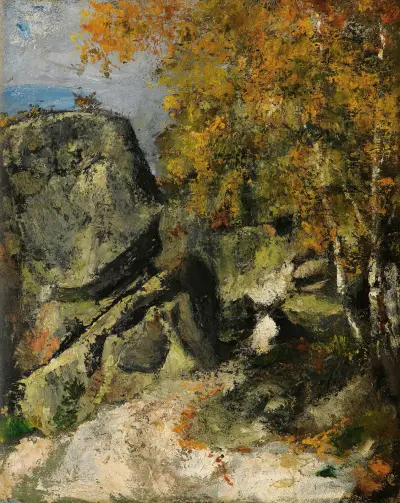 Rochers Dans La Fôret, Fontainebleau av Paul Cézanne
