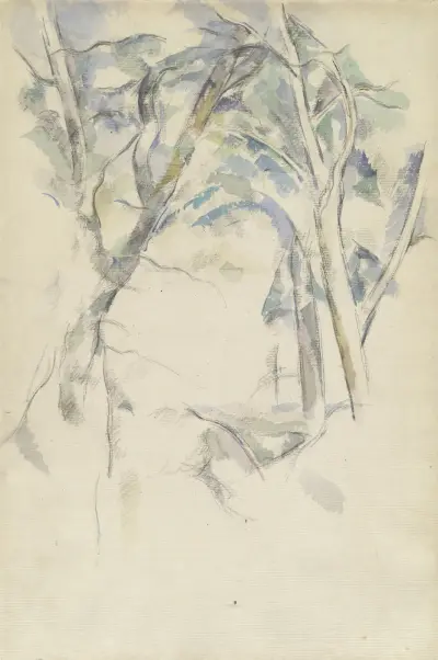 Trees Leaning over Rocks av Paul Cézanne