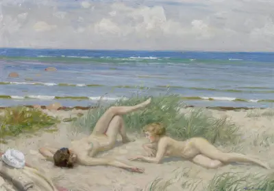 Piger på stranden, Båstad av Paul Fischer