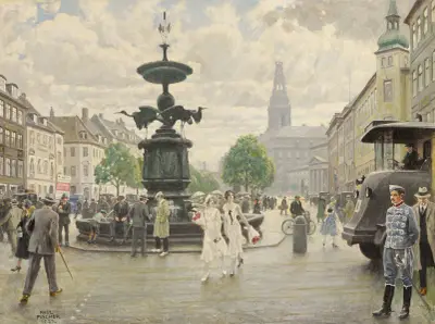 The Bustling Amager Square, Cophenhagen av Paul Fischer
