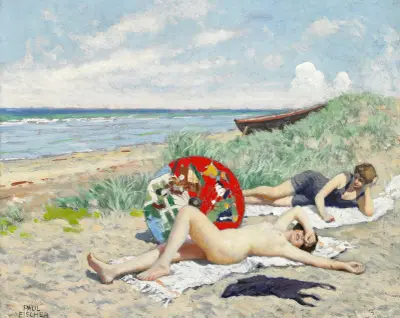 To piger og en japansk parasol på Hornbæk strand av Paul Fischer
