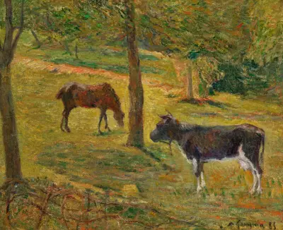 Cheval et vache dans un pré av Paul Gauguin