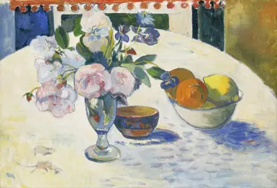 Flowers and a Bowl of Fruit on a Table av Paul Gauguin