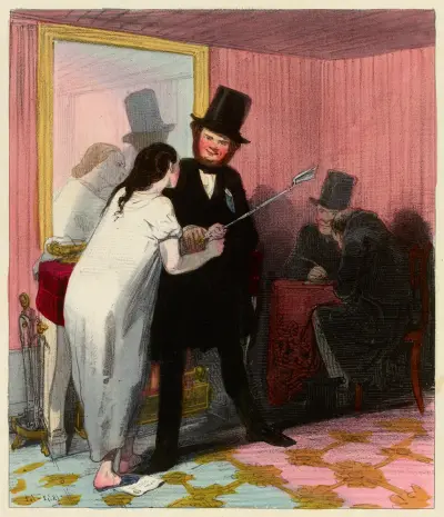 A la requête du sieur Vautour et caetera, en vertu et caetera nous Loyal et caetera, premièrement dans une pièce éclai av Paul Gavarni