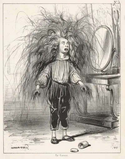 Back of the medals, no. 3. A terrible child that we had the imprudence to let play with a pot of Lion Pomade von Paul Gavarni