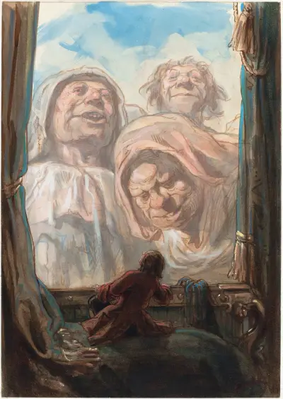Gulliver Awed by Three Giant Beggars in the Land of Brobdingnag av Paul Gavarni