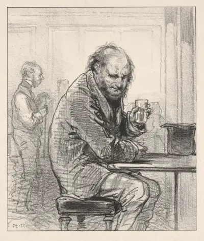 Man seated at table, holding drink von Paul Gavarni