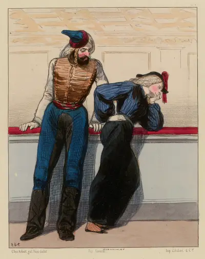 Zu Pferd auf dem Hals eines Mannes, den man nicht kennt, nennst du das einen Scherz von Paul Gavarni
