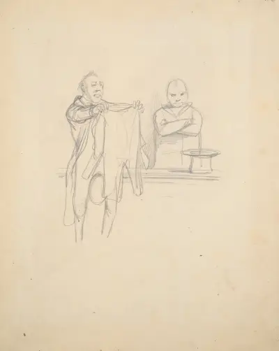Skiss till bokillustration (’Physiologie du Tailleur’) av Paul Gavarni