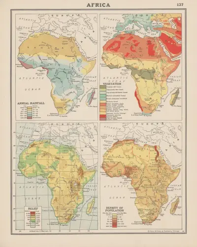 Afrika; Årlig nederbörd, vegetation, lättnad, befolkningstäthet av John Paul Goode