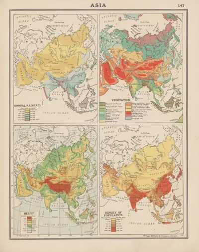 Asia; Annual Rainfall, Vegetation, Land Relief, Density of Population av John Paul Goode