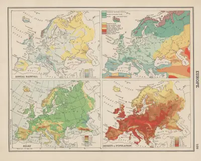 Europa; årlig nederbörd, vegetation, landrelief, befolkningstäthet av John Paul Goode