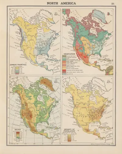 Nordamerika; årlig nederbörd, vegetation, landformer, befolkningstäthet av John Paul Goode