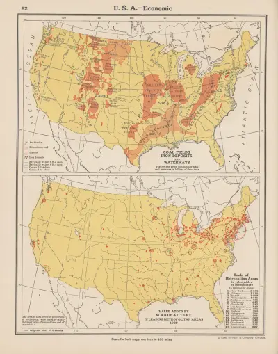 U. S. A.—Economic, Coal Fields, Iron Deposits, Waterways, Value Added by Manufacturing av John Paul Goode