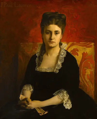 Portrait de femme en robe noire tenant un gant av Jean-Paul Laurens