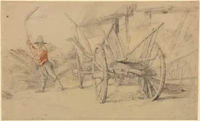 A Man Threshing Beside a Wagon, Farm Buildings Behind av Peter Paul Rubens