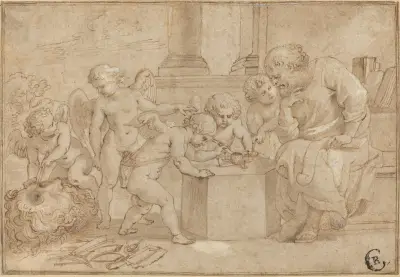 Elderly Man Watching Putti Dissect an Eye av Peter Paul Rubens