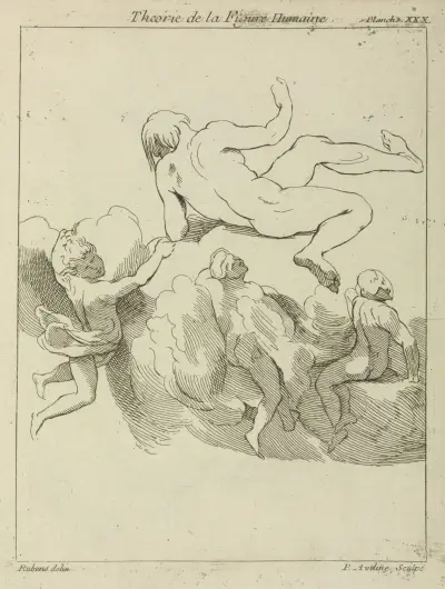 Four figures in floating positions, three amidst clouds av Peter Paul Rubens