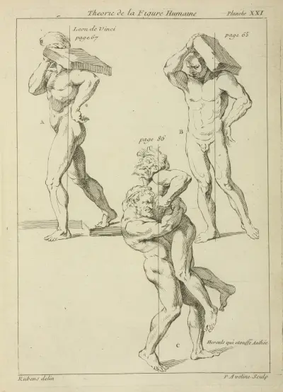Four male figures; two bearing large books on their shoulders and the other two wrestling av Peter Paul Rubens