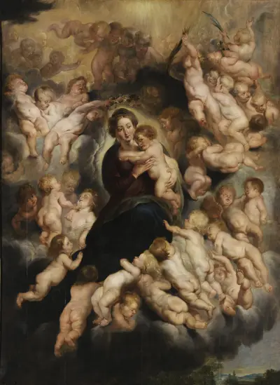 Maria mit Kind im Engelskranz av Follower of Peter Paul Rubens