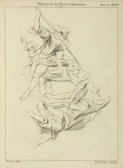 Several winged figures in flight, and a figure with a spear av Peter Paul Rubens