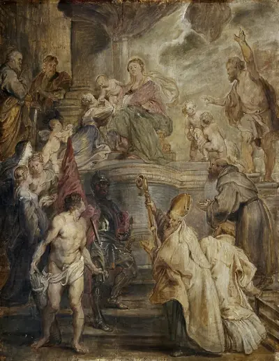 The Mystic Marriage of St Catherine (Colour Sketch for the Altar of the Church of the Augustinian Fathers in Antwerp) av Peter Paul Rubens